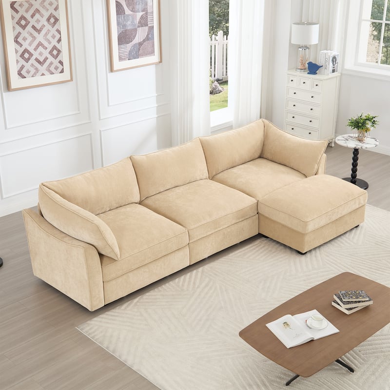112" Modern L-Shaped Modular Sectional Sofa for Living Room, Oversized Chenille Couch w/ Hidden Storage and Movable Ottoman - Wheat