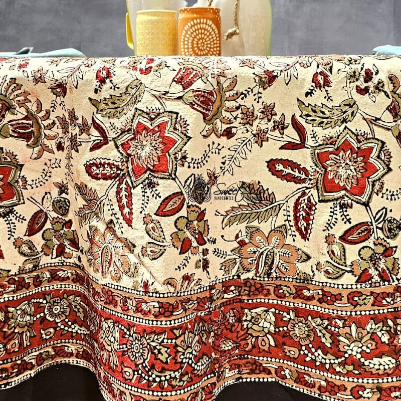 Blooming Flower Block Print Floral Cotton Tablecloth Collection