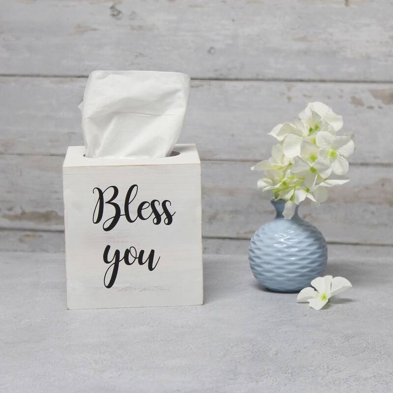 Elegant Designs Decorix Farmhouse Square Wooden Decorative Tissue Box Cover with "Bless you" Script - L: 5.5" x W: 5.5" x H: 6"