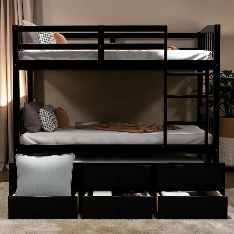 Twin Over Twin Bunk Bed with Trundle and 3 Drawers, Wooden Bunk Bed with Ladder and Safety Rails, Space Saving