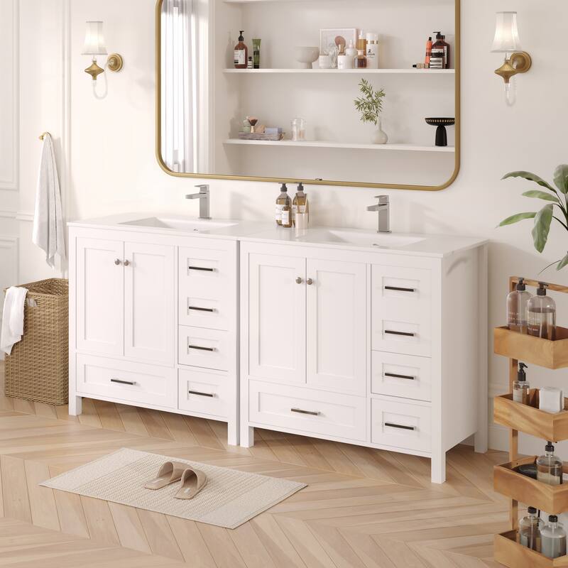 EROMMY All-in-One Bathroom Vanity with Ceramic Sink, Soft-Close Storage Cabinet & Drawer, Glossy Countertop, White