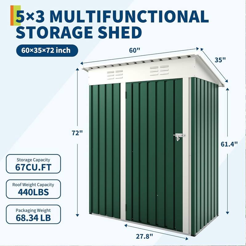 5×3FT Storage Shed Metal Tool Garden Shed for Garden, Backyard, Patio