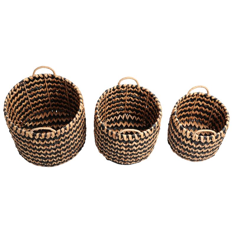 Coastal Handwoven Two-Tone Water Hyacinth Nesting Storage Baskets, Handles (Set of 3)