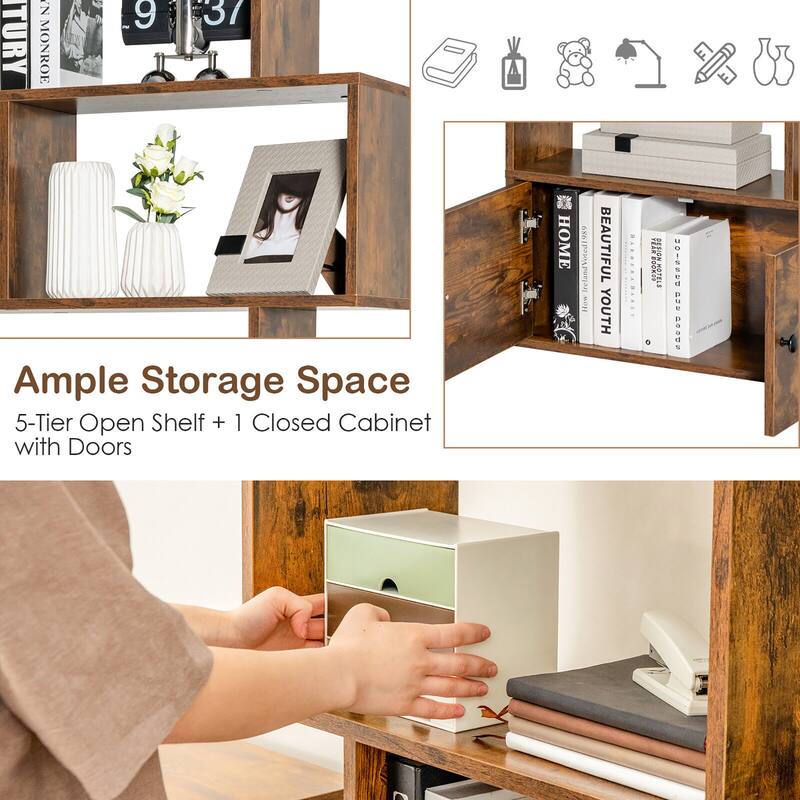Gymax 2 PCS Bookshelf w/ Cabinet 6-Tier S-Shaped Bookcase Storage Rack