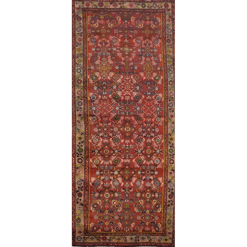 Hand Knotted Oriental 100% Wool Carpet Traditional Geometric Oranges & Rust Hamedan Runner Rug - 9' 8'' X 3' 10''