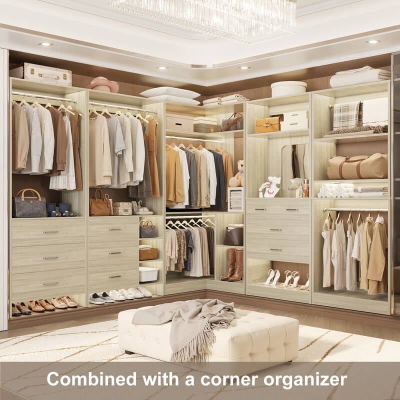 Cimly Set of 4 Closet Organizer with Drawers and Mirror, Freestanding Closet System with Hanging Rods