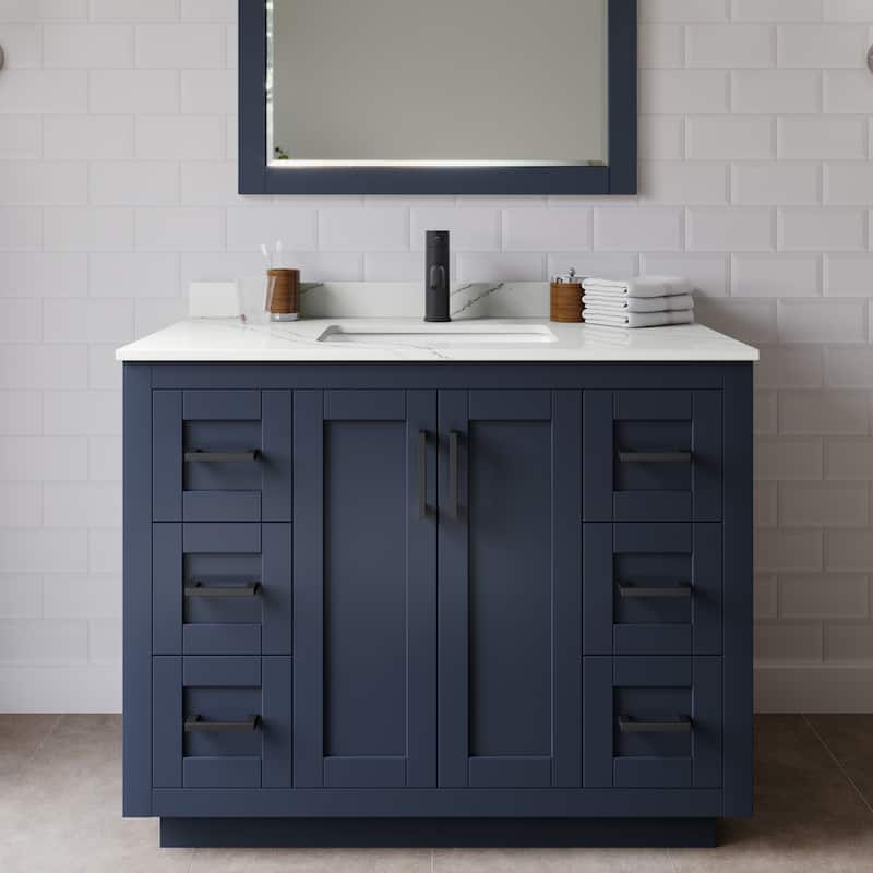 Wyndham Collection WCF292942S-QTZ-UNSM34 Miranda 42" Free Standing - Dark Blue / Giotto Quartz Top / Matte Black