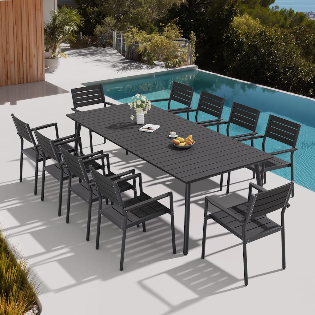 11-piece Outdoor Aluminum Rectangle Patio Dining Table with Umbrella Hole and Chairs