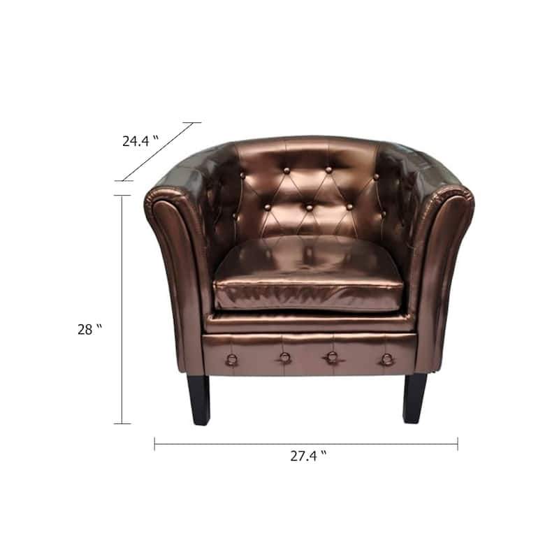 Deina Armchair, Tufted Shiny Brown Faux Leather, Black Wood Legs