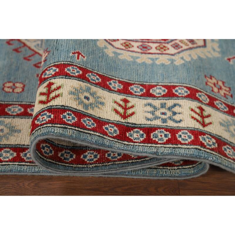 Light Blue Kazak Runner Rug Hallway Hand-Knotted Wool Carpet - 2'10" x 15'2"