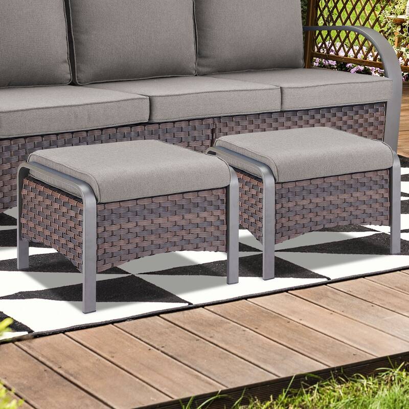 Gymojoy Industrial Style Outdoor Wicker Patio Ottomans Set of 2