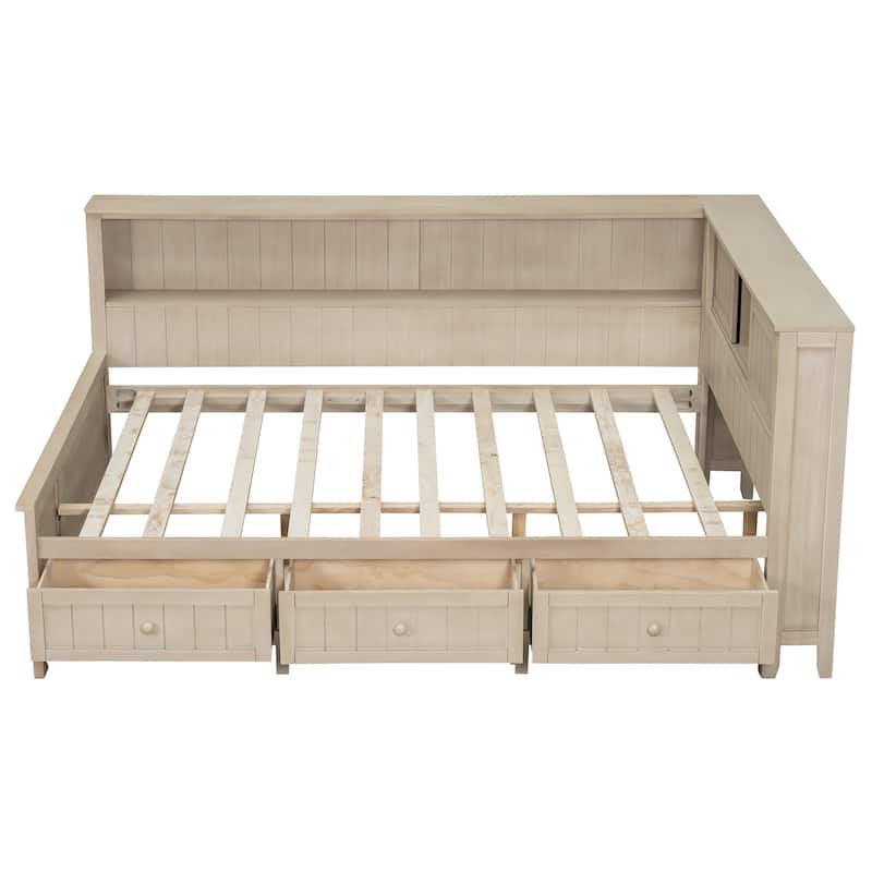 Full Size Antique Daybed with 3 Drawers & Storage Shelves (400lb Capacity)