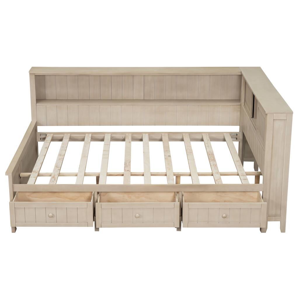 Full Size Farmhouse Style Daybed with 3 Drawers, Storage Shelves, Sliding Doors, Durable Wood Frame, No Box Spring Needed