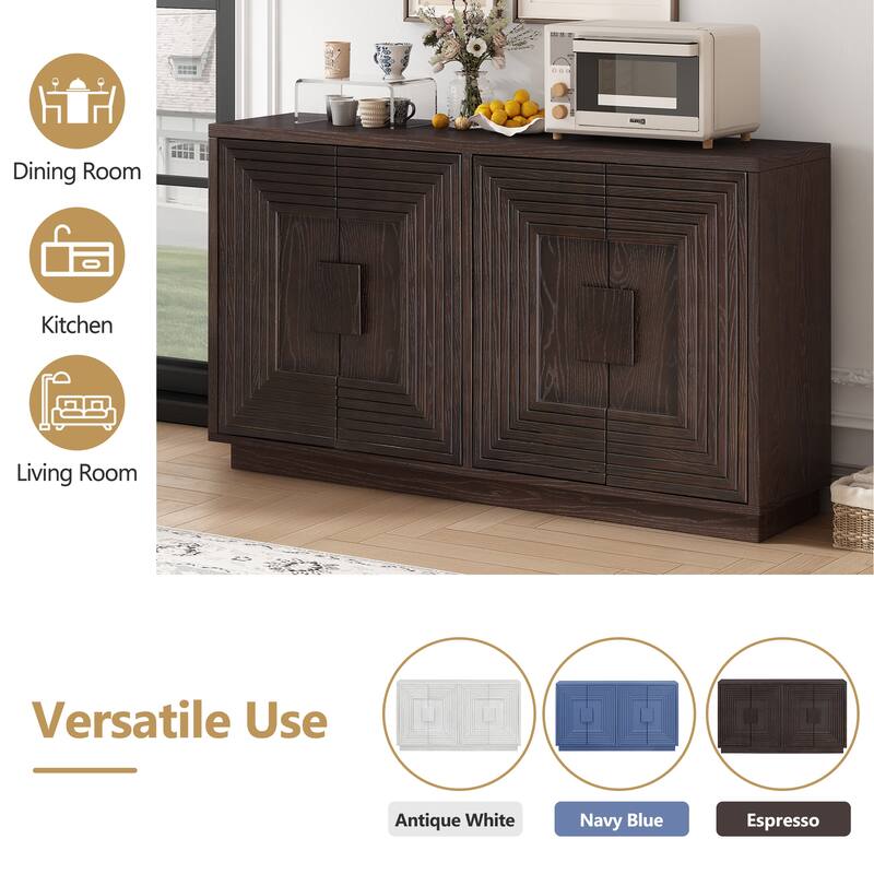 Vintage Distressed 4-Door Sideboard with Adjustable Shelves and Geometric Pattern for Dining Room, Kitchen and Living Room