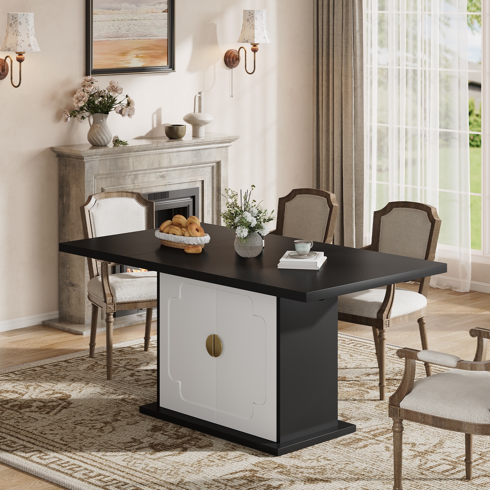 63" Dining Table For 4-6, Rectangular Kitchen Table With Pedestal Base & Storage Shelves, 63 X 35.4 X 30 In (Table Only)