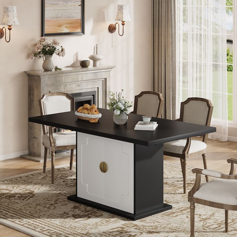 Rossetta 63" Rectangular Kitchen Dining Table with Pedestal Base and Storage Shelves, Easy Assembly - Black+White