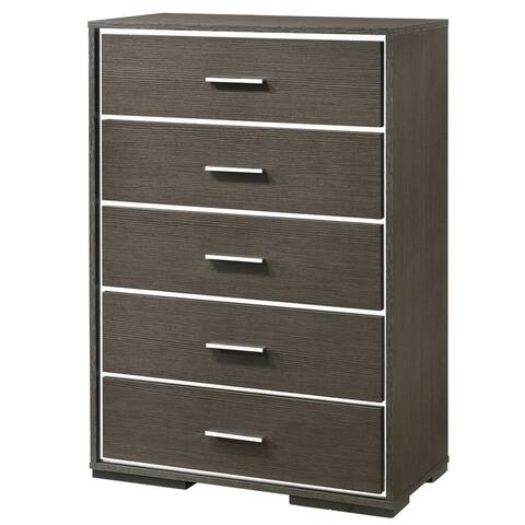 5 Drawer Wooden Chest with Mirror Trim Accents, Gray