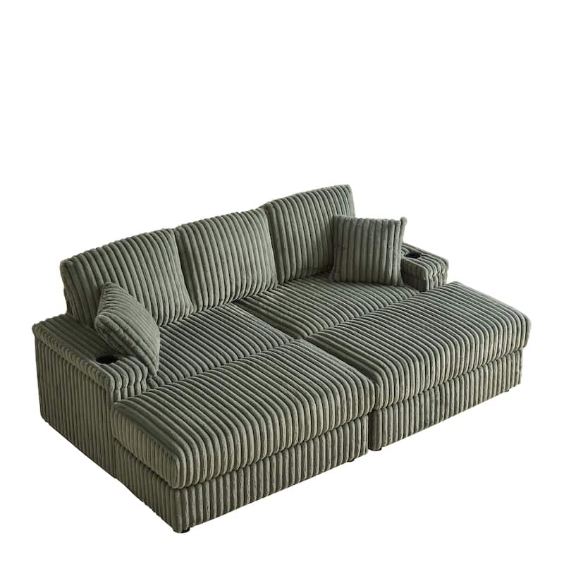 84" Corduroy 3-Seater Sofa with Storage, Ottoman and Cup Holders, Includes 5 Pillows