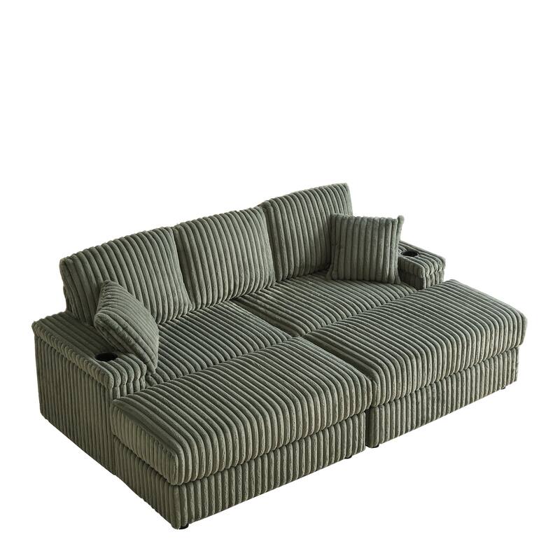 Deep Seat Sectional Loveseat Set with 2 Ottoman and 2 Pillows, Corduroy Chaise Lounge Bed with 2 Storage Spaces and Cupholding