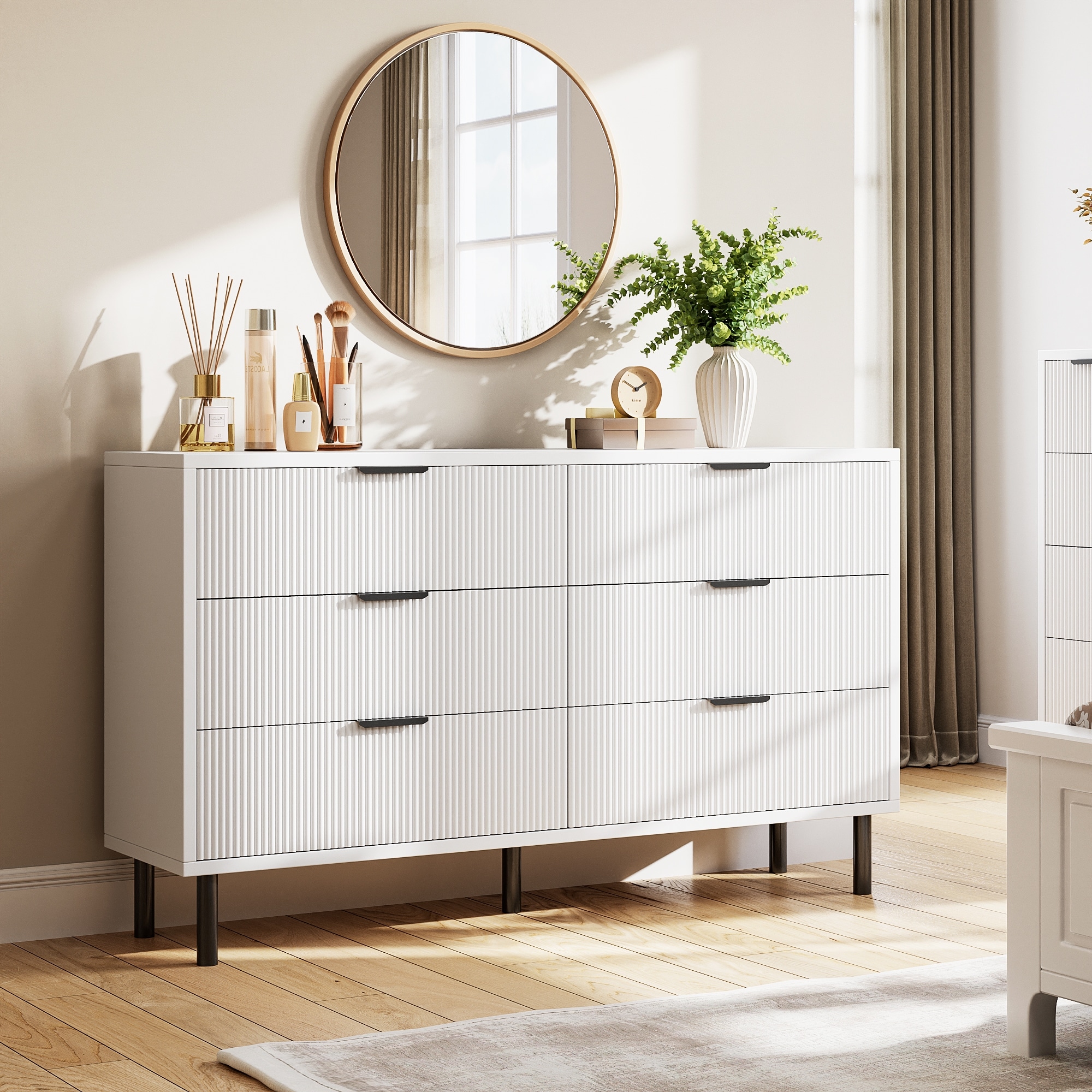 White Fluted 6 Drawer Dresser, Wide Wood Double Dresser