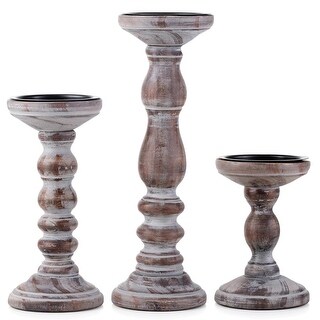 Farmhouse Wooden Pillar Candle Holders Set of 3, 6"+8"+12" - Bed Bath ...