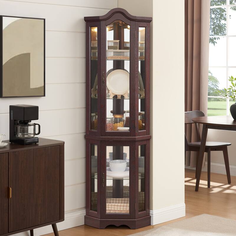 GDFStudio - Storage Corner Curio Cabinet with Lighted Glass Shelves