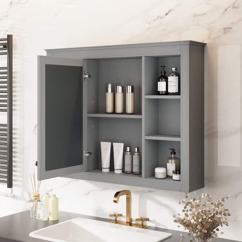 Wall Mounted Bathroom Storage Cabinet, Modern Bathroom Wall Cabinet with Mirror, Mirror Cabinet with 6 Open Shelves