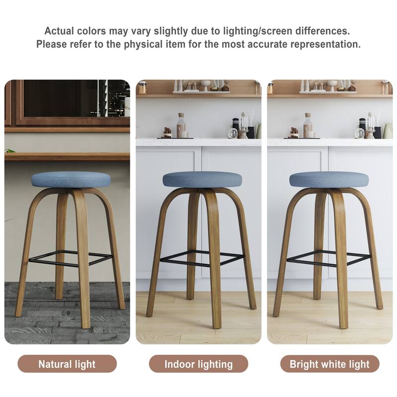 Swivel Bar Stools Set of 2, Bar Height Backless 30″Bar Stool, Fabric Upholstered Seat, Sturdy Wood Legs and Metal Footrest