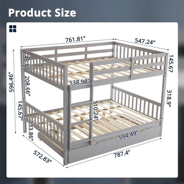 dimension image slide 1 of 2, Full Size Bunk Bed With Trundle Bed, With Ladder And Safety Rails Pinewood Bunk Bed