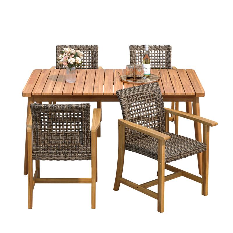 Roomfitters 5-Piece Outdoor Dining Set, Acacia Wood Patio Table and 4 Wicker Armchairs for Garden Deck Poolside, Brown
