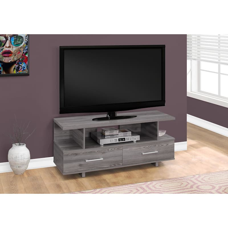 48 Inch Grey Wooden Entertainment Center with Open Storage Shelves and Two Drawers for Living Room - 47.75”L x 15.75”W x 20”H