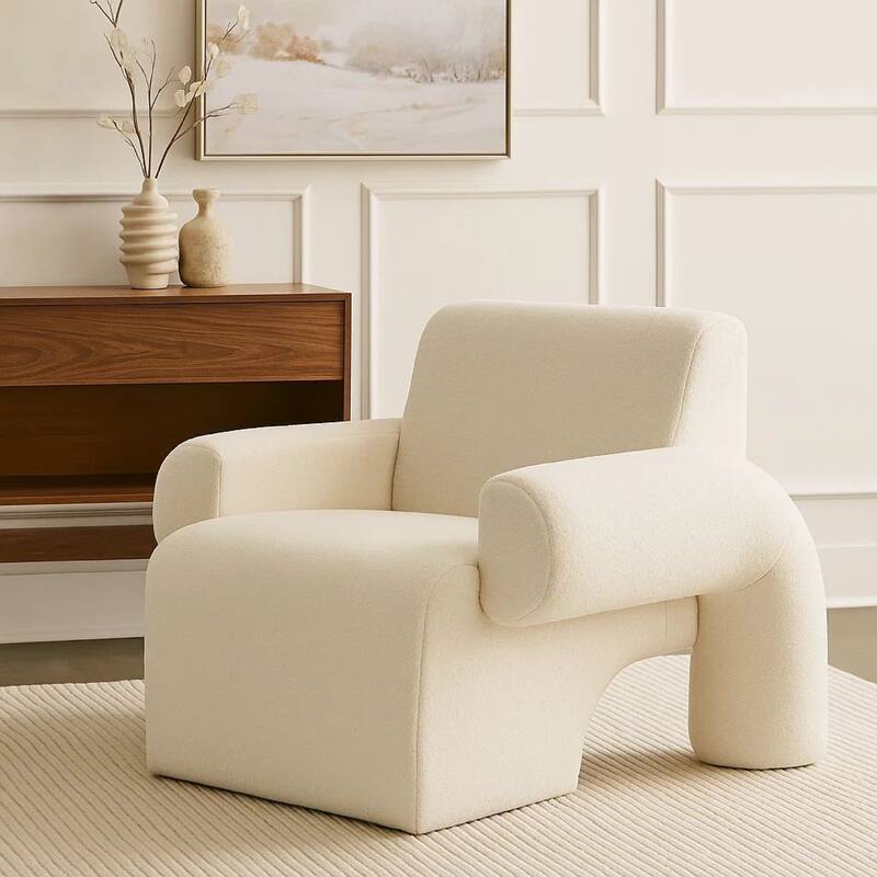 Contemporary Accent Chair, Extra Soft Ivory Sherpa Fabric, 36 Inch