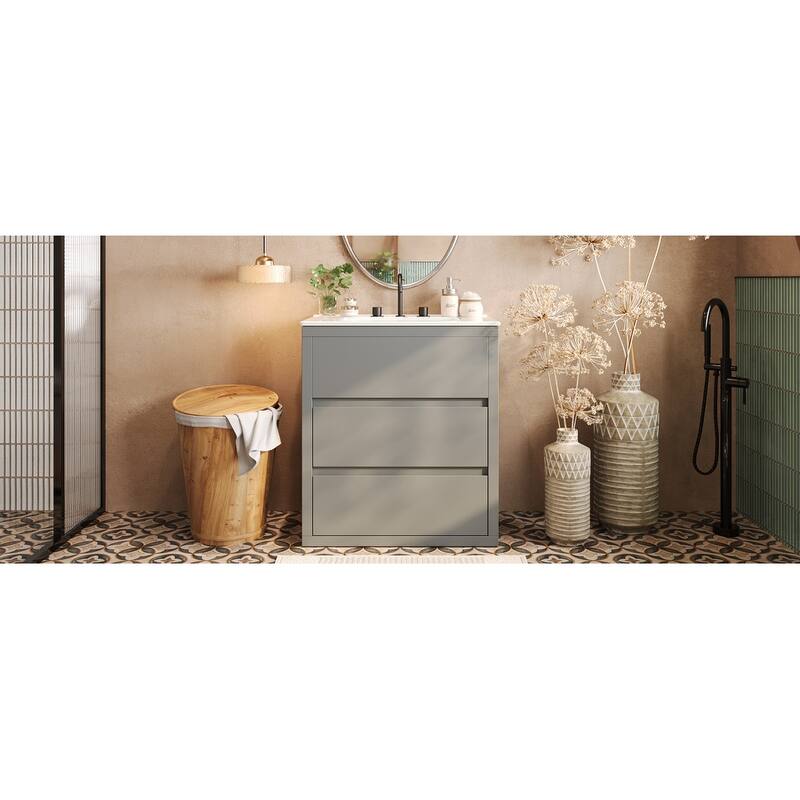 30" Vanity with Sink and 2 Full-Extension Drawers,Freestanding Vanity with 45°,Soft Close Undermount Drawer Slides
