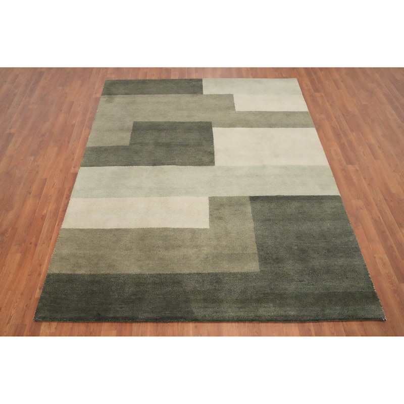 Hand Knotted Oriental 100% Wool Carpet Modern Geometric Green Gabbeh Area Rug - 7' 11'' X 6' 5''