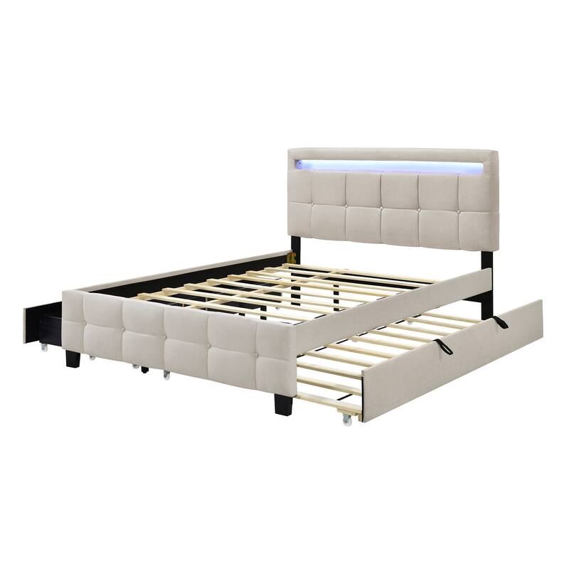 Queen Size Upholstered Platform Bed with LED Frame and 4 Drawers