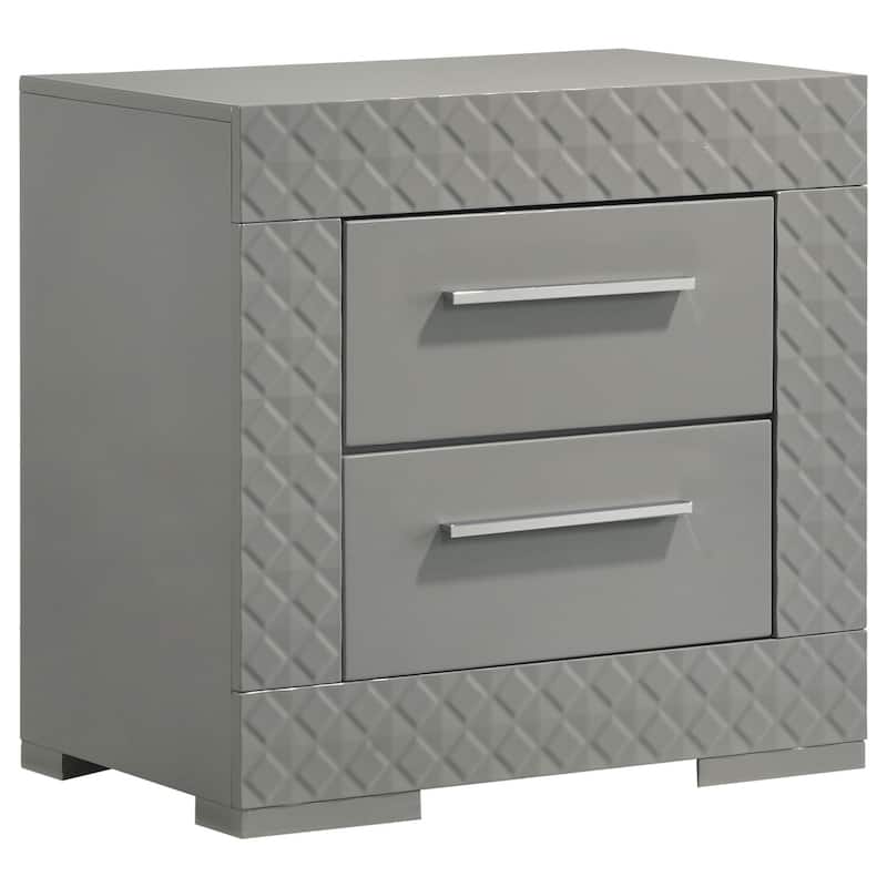 Grey High Gloss 2-Drawer Nightstand with Felt Lined Top Drawer, Modern Italian Minimalist Bedside Storage