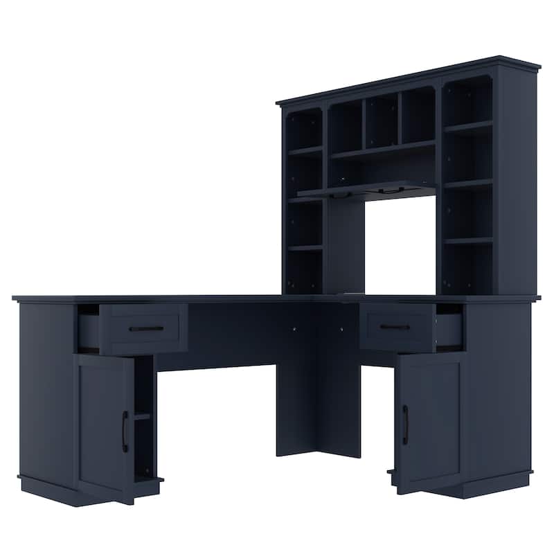Computer Desk with 2 Cabinets, 2 Drawers & 11 Shelves, L-Shaped Corner Home Office Desk, Gaming Computer Desk with Power Outlet