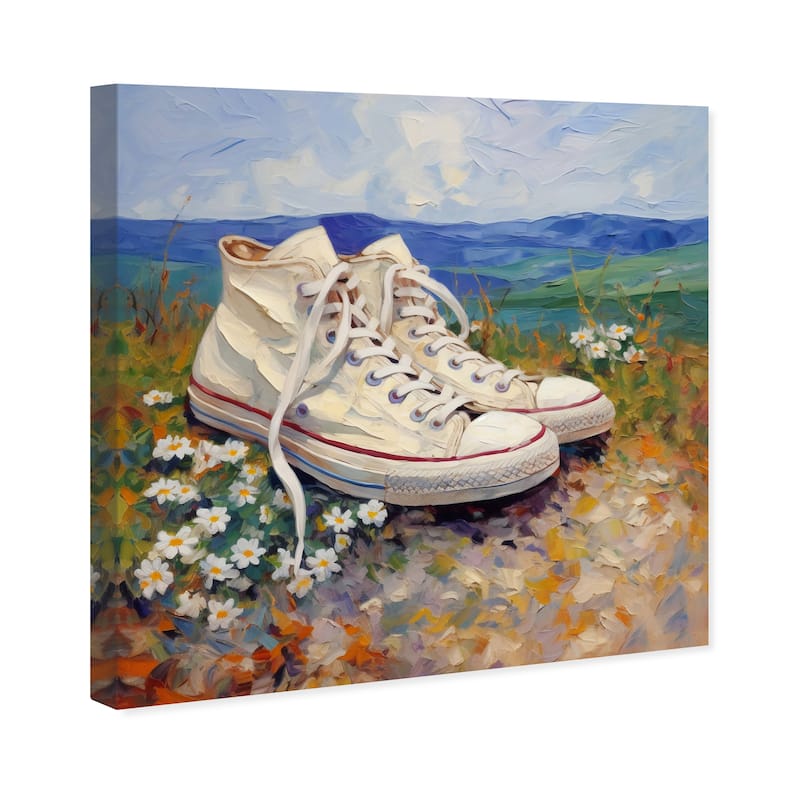 Wynwood Studio Canvas Fashion and Glam Sneakers Lost in a Field Blue and Cream White Rustic Wall Art Canvas Print