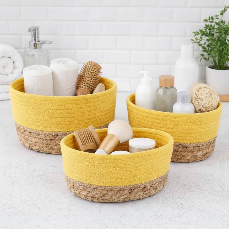 Cotton Storage Baskets Organizer Padang Set of 3 - 9 in. L x 5.9 in. D x 5.3 in. H - Yellow / Natural
