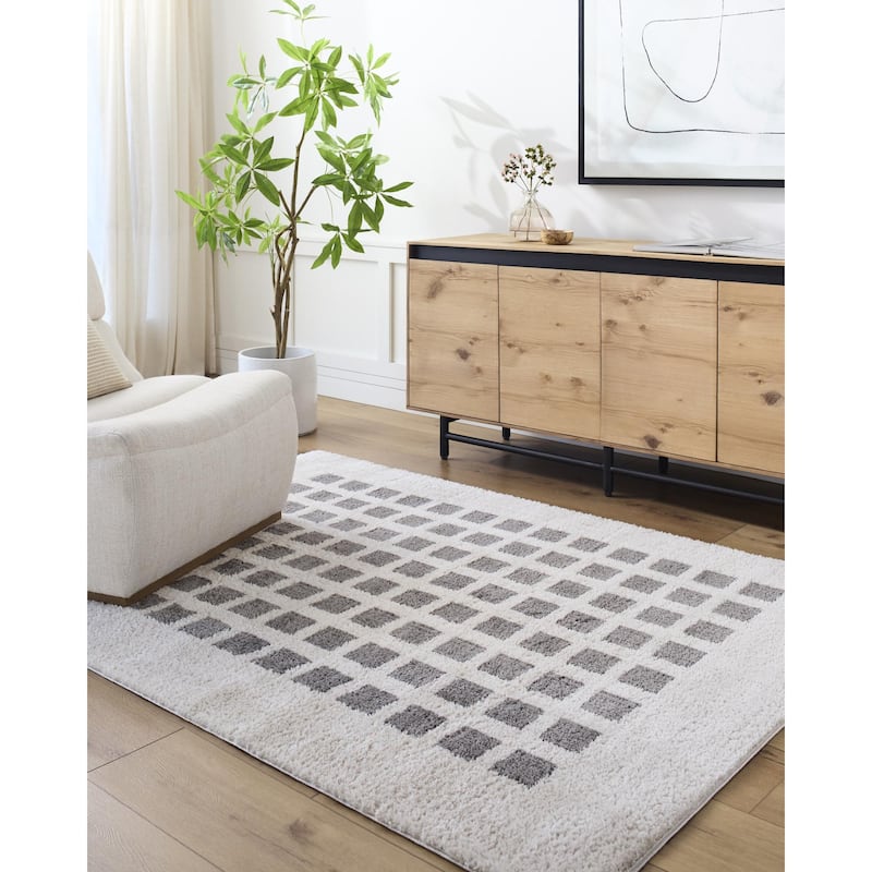 Livabliss Fossay Shag Modern & Contemporary Checkered Washable Area Rug - Light Beige/ Charcoal - 6' 7" x 9'