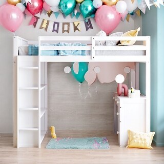 Modern Full Size Loft Bed With Ladder,Shelves and Desk,Sturdy Construction for Bedroom