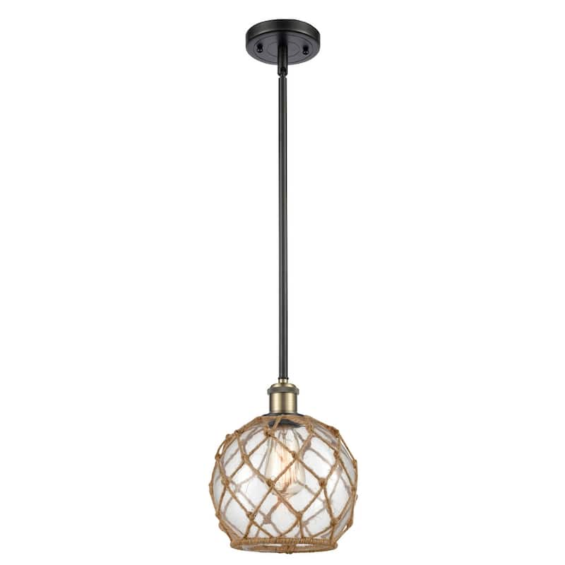 Innovations Lighting Farmhouse Rope 8" Wide Mini Pendant - Black Antique Brass / Clear Glass with Brown Rope
