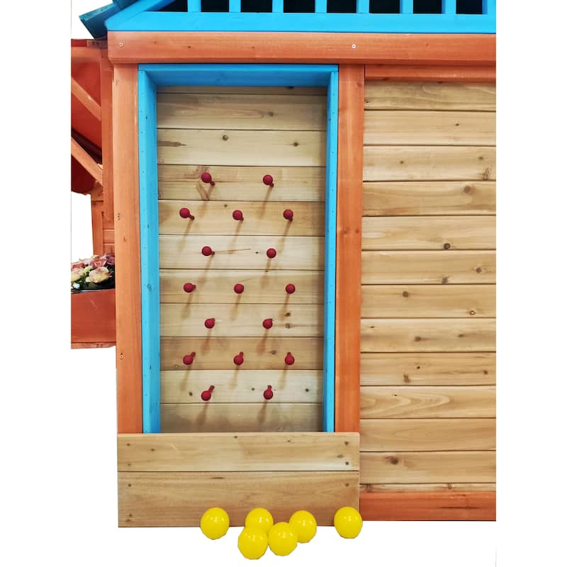 Eco-friendly Outdoor Wooden 4-in-1 Game House for kids garden playhouse,different games on every surface,61.4"Lx45.98"Wx64.17"H