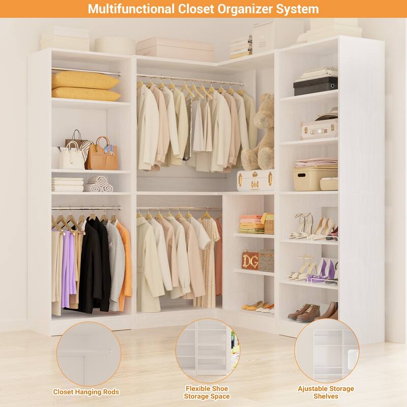 Cimly Set of 3 Large Corner Closet System, Space-saving Closet Organizer with Hanging Rods, Adjustable Shoe Rack and Shelves