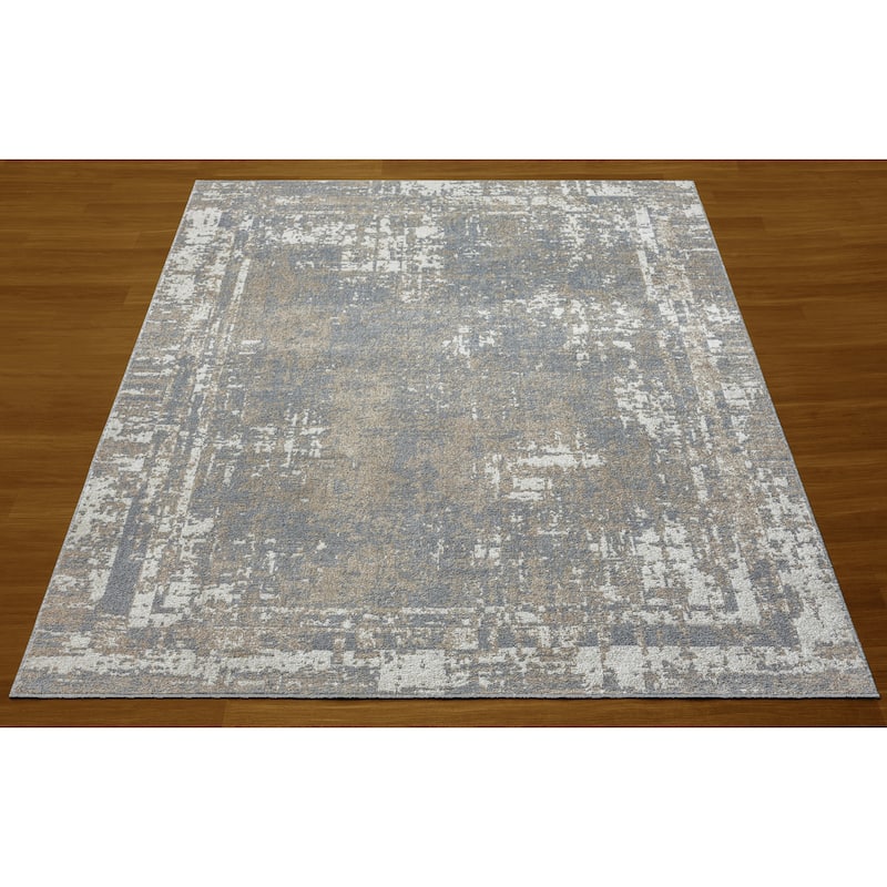 Sevita Distressed Border Gray Ivory Machine-Washable Rug