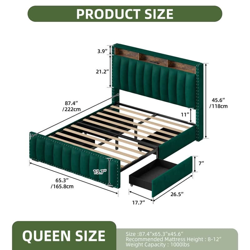 Full / Queen / King Size Platform Bed Frame with Upholstered Storage Headboard and 4 Drawers - Green - Queen