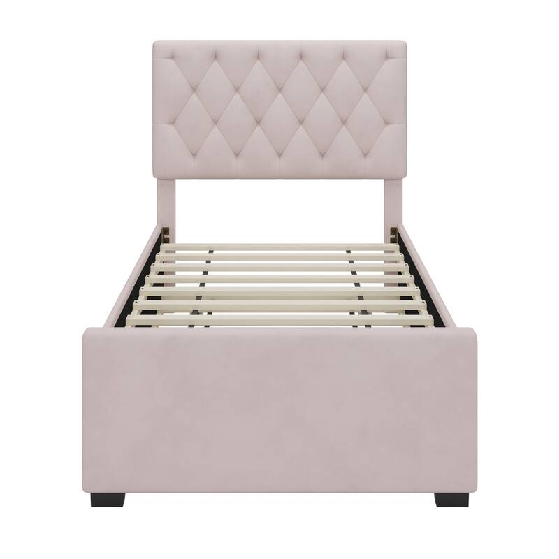 Twin Size Velvet Fabric Upholstered Platform Bed with Trundle and Adjustable Button Tufted Headboard, No Box Spring Needed