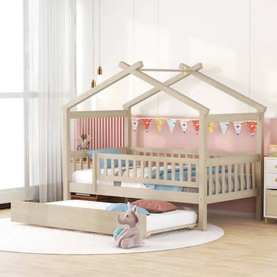Twin Size Wooden House Bed With Trundle