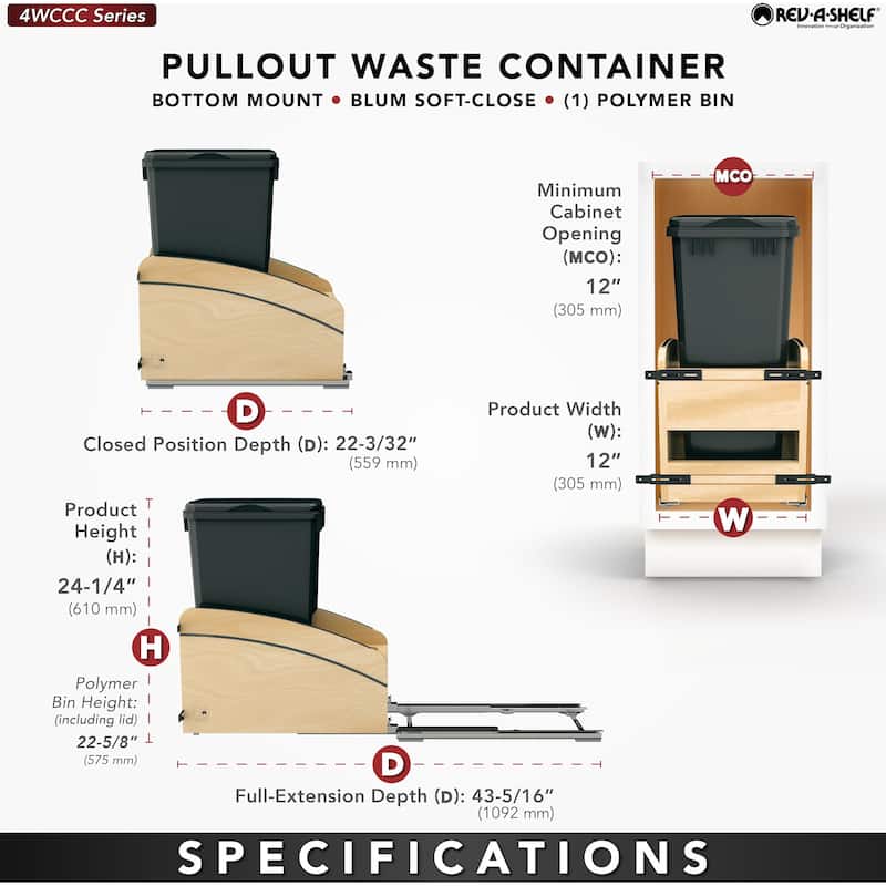 Rev-A-Shelf 4WCC-1550DM-118 Craftsman 12" Wide Designer Solid Maple 50