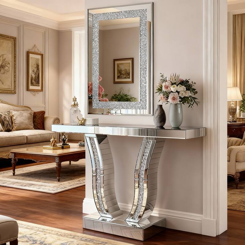 Crystal Crush Diamond Rectangle Silver Mirror for Wall, Large 36x24 Inch Modern Decorative Hanging Mirror with Beveled Edge